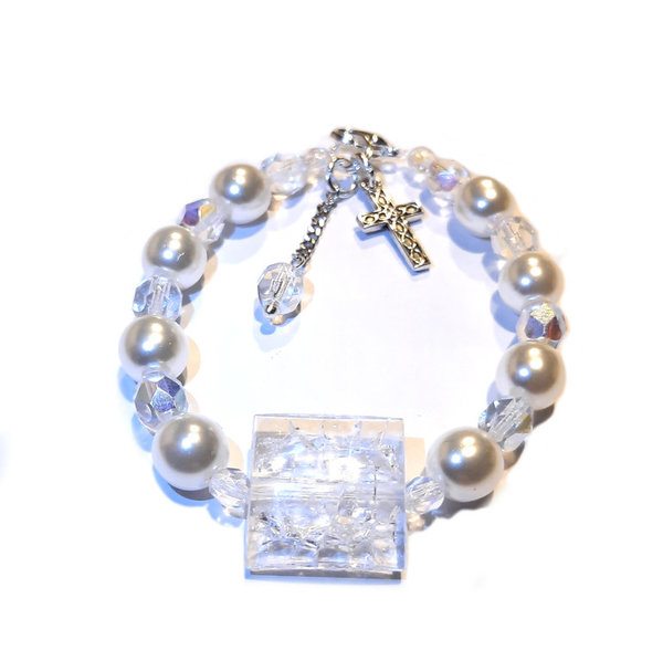 Armband zur Kommunion weiße Perlen und Kreuz