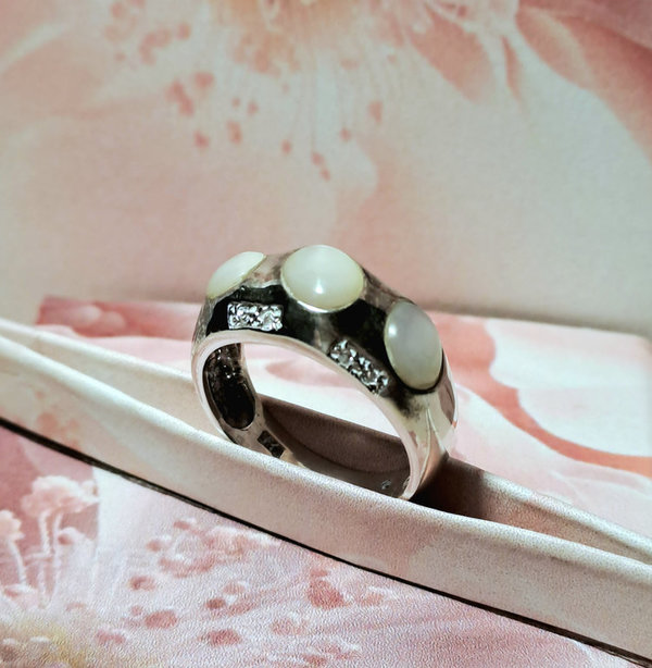 Vintage Ring Silber, Perlmutt und Zirkonia, Gr. 57